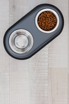Dry pet food and water in silver feeding bowl