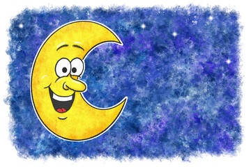 illustration of laughing cartoon moon in watercolor night sky