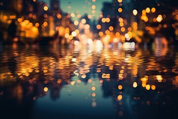 Night city lights shining bokeh reflection in water background