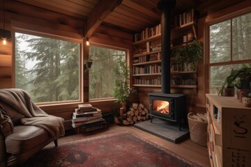 cozy cabin with fireplace and stack of books for cozy reading retreat, created with generative ai