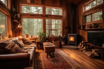 Fototapeta na wymiar cozy cabin retreat, with cozy fireplace and throw pillows, surrounded by towering trees, created with generative ai