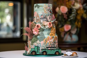 custom wedding cake with unique theme and design for a couple's dreamy, whimsical celebration, created with generative ai