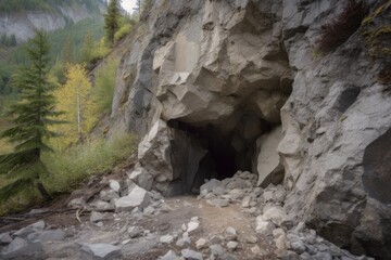 huge rock slide, blocking entrance to mountain cave, with dust and debris still settling, created with generative ai