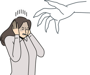 Businesswoman scared of huge hand