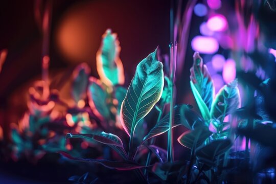 creative neon plant background with blurred lines and bokeh effect, created with generative ai