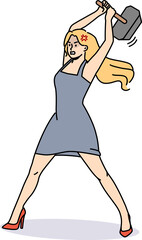 Woman with hammer in hands feel powerful