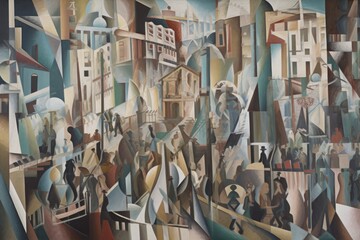 Cubist Painting Bustling Cityscape With