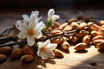 Fototapeta na wymiar almonds scattered on a wooden surface with a few almond flowers in the background