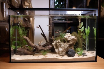 exotic pet habitat with crystal clear water and exotic fish, created with generative ai