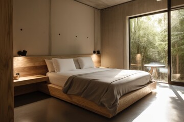 a minimalist eco-hotel room with sleek decor and recycled materials, created with generative ai