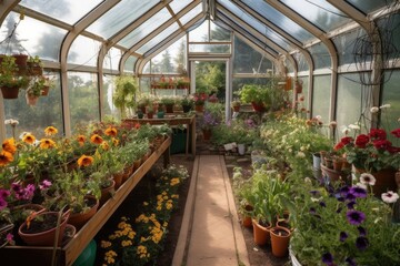 Fototapeta na wymiar greenhouse, with view of garden and blooming flowers, created with generative ai