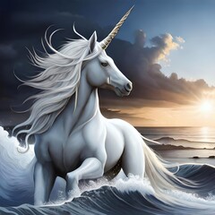 Obraz na płótnie Canvas The white unicorn horse in middle of waves of the sea illustration - Generative AI