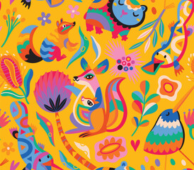 Seamless pattern with abstract Australian animals, flowers and leaves. Vector illustration - 607791470