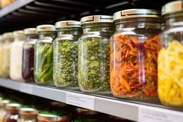 Fototapeta na wymiar glass jar packaging on supermarket shelf, with fresh produce visible, created with generative ai