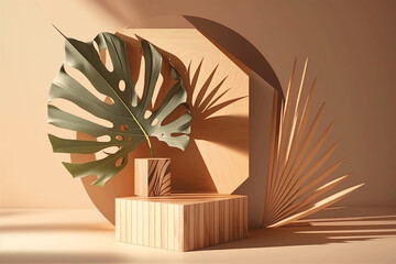 Modern geometric design oak and leaf  wooden podium beauty using Generative Ai Technology