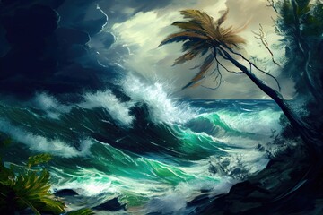 tropical cyclone with view of stormy sea and rough waves, created with generative ai - obrazy, fototapety, plakaty