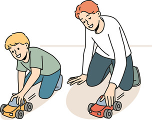 Happy father play cars with small son