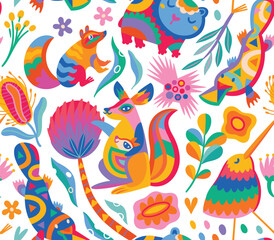 Seamless pattern with abstract Australian animals, flowers and leaves. Vector illustration - 607791677