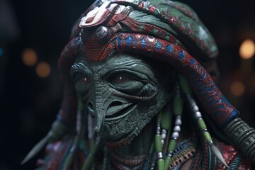 close-up of alien's face, wearing traditional headwear and enjoying festive atmosphere, created with generative ai