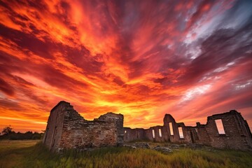 dramatic sunset over the ruins, with colorful sky and clouds, created with generative ai