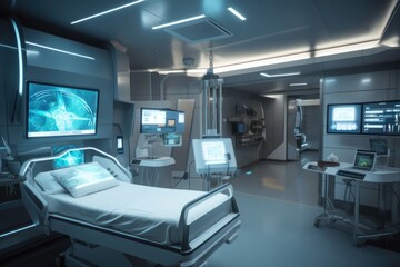 Fototapeta na wymiar high-tech hospital room with futuristic equipment, including holographic displays and touchscreens, created with generative ai