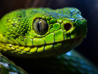 Fototapeta premium A close-up of a green snake, generative AI illustration