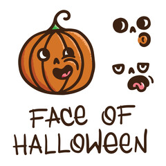 Pumpkin for Halloween holiday with set of faces and emotions. Handdrawn sticker. Jack Lantern character. Emoticon with smile, disgust and confusion. Cute cartoon face. Concept of autumn harvest. Vegan