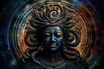 Fototapeta na wymiar Portrait of Indian Hindu, mythologic God of Vishnu in galaxies spirals space nebulae, in universe. Mahamaya. Concept of meditation and buddhism. Generative AI.