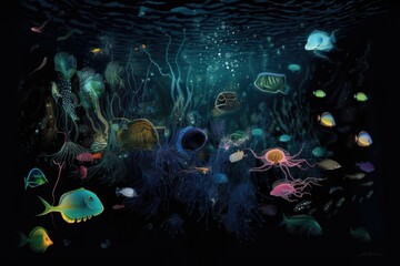 deep-sea creatures swimming in bioluminescent waters, with schools of fish and other marine life visible, created with generative ai