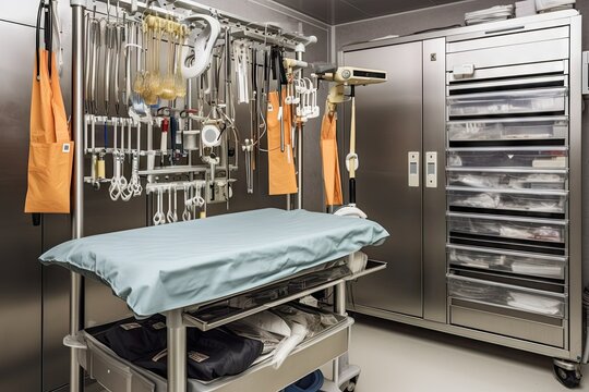 trolley with surgical instruments, ready for use in operating room, created with generative ai