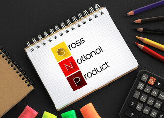 GNP - Gross National Product acronym on notepad, business concept background
