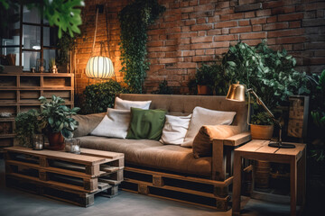 Fototapeta na wymiar Cozy lounge area featuring a handmade pallet couch and rustic decor