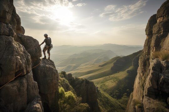 adventurer rappelling down cliff face, with stunning view of the valley below, created with generative ai