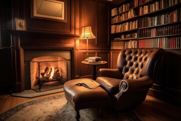 cozy reading nook with fireplace, comfy armchair, and stack of books, created with generative ai