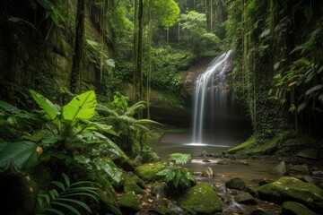majestic waterfall cascading into the jungle below, created with generative ai