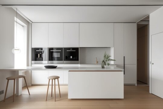 a minimalist kitchen with only the most essential items on display, and everything else hidden away, created with generative ai