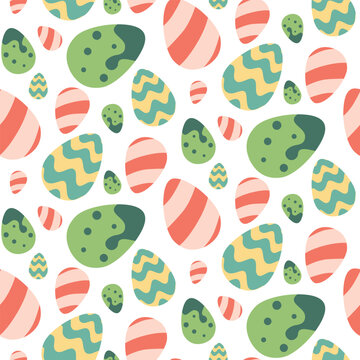 Easter seamless pattern with colorful painted eggs of different sizes on a white background