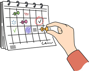 Person attach pin on month calendar