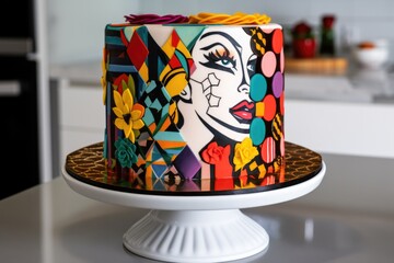 decorative cake in the form of pop art masterpiece, with pops of color and bold designs, created with generative ai