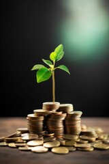 Small tree growing on pile of golden coins. Capital growth, investment, saving money, economy, finance and business concept.