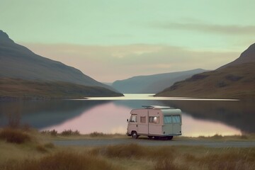 Motor home caravan camping car RV driving through beautiful mountain landscape of rocky hills and pure lake in sunset or sunrise.  Spending time in recreation vehicle van nature concept. Generative AI
