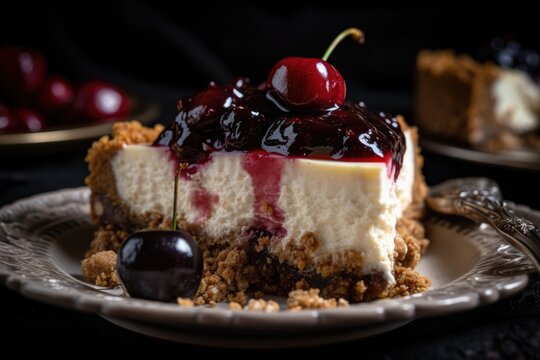 close-up of slice of decadent cheesecake, with cherry and graham cracker crust visible, created with generative ai