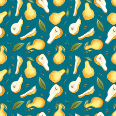 Yellow pears seamless,  Whole and cut pear repeat design, Fruit background, Yellow fruit wallpaper, Kitchen textile print, Summer backdrop, Sweet pear pattern