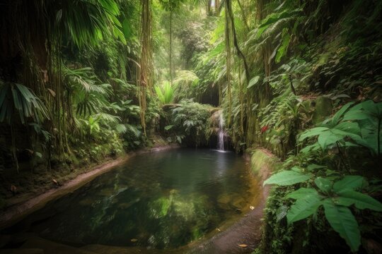 waterfall cascading into tranquil pool in lush jungle, created with generative ai