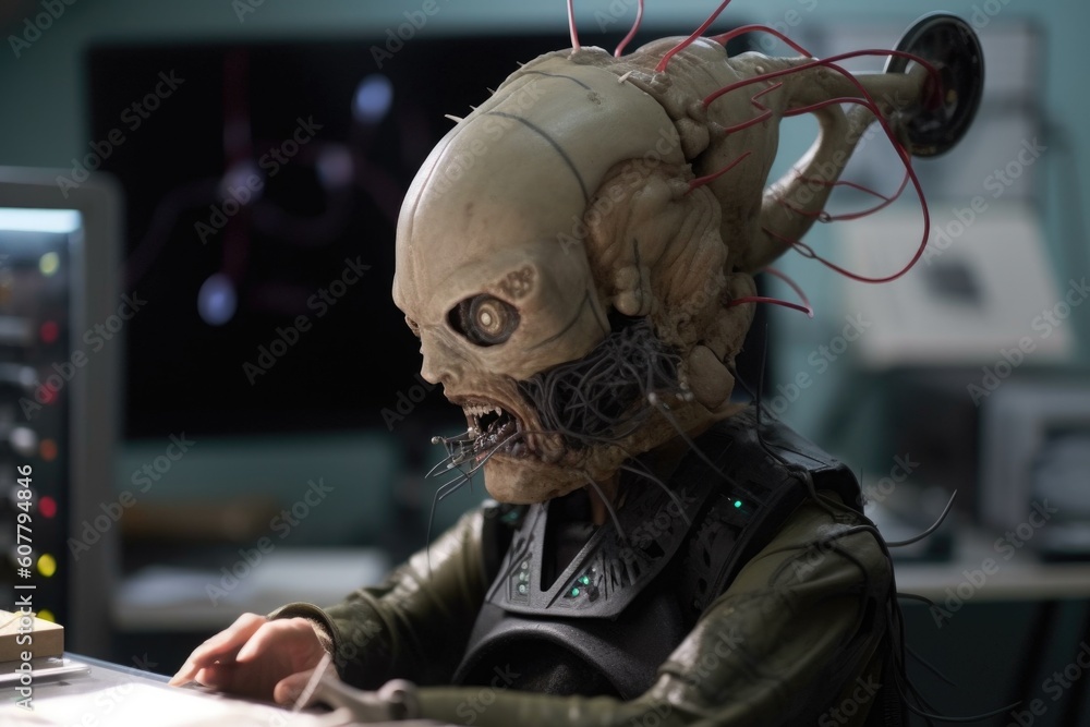 Canvas Prints alien student, with electrodes in its head, learning about the human brain during medical class, created with generative ai