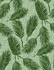 Exotic seamless pattern with palm leaves and dots on green background for fashion prints. Vector illustration.
