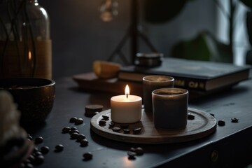 coffe break ritual with scented candles and ambient music for relaxing atmosphere, created with generative ai