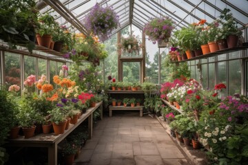 Fototapeta na wymiar greenhouse with hanging baskets of colorful flowers and pots of herbs, created with generative ai