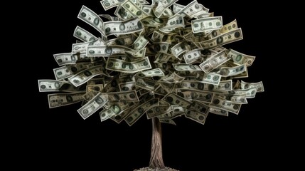 Money tree of good luck and Feng Shui made of banknotes. Capital growth, investment, saving money, economy, finance and business concept.