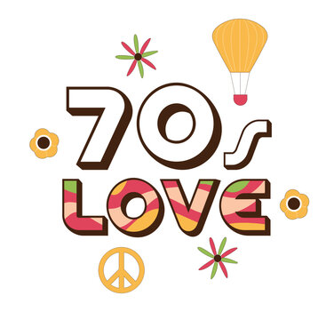 70s love retro vector banner with decorative elements flowers, peace sign, hot air balloon. 